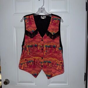 Vintage JW Jeans Wear Southwestern Cactus Print Fringe Vest Orange Pink Large